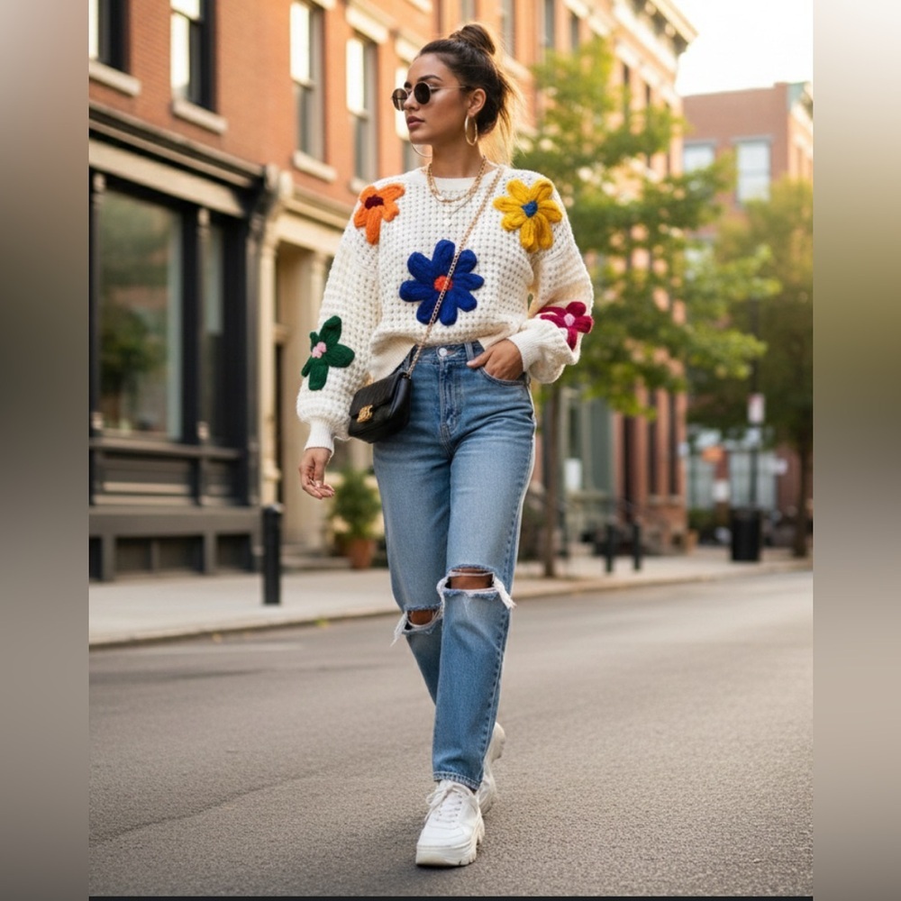 BiBi Multicolored Sweater Crochet 3D Flower Ruffle Colorful Long Sleeve S NWOT